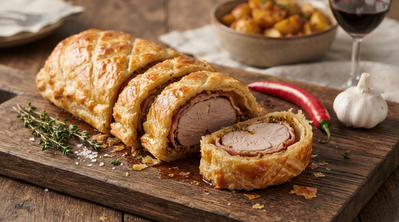 Pittige varkenshaas in spek en bladerdeeg