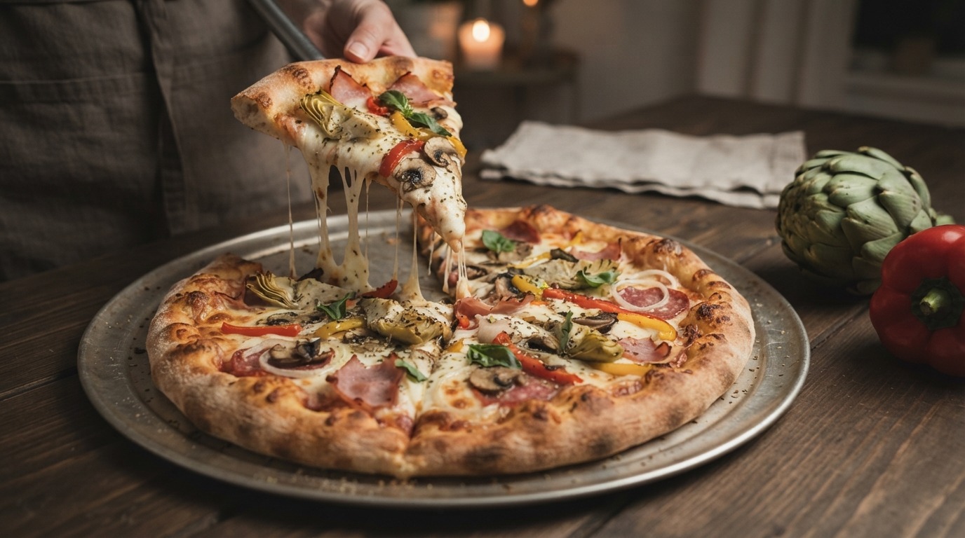 Pizza met artisjokken, mozzarella, champignons, paprika, ham, salami en ui