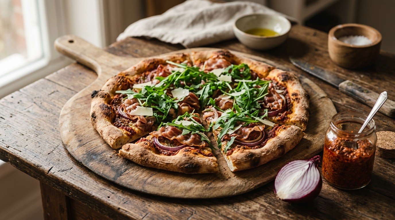 Pizza met Pancetta en Rucola