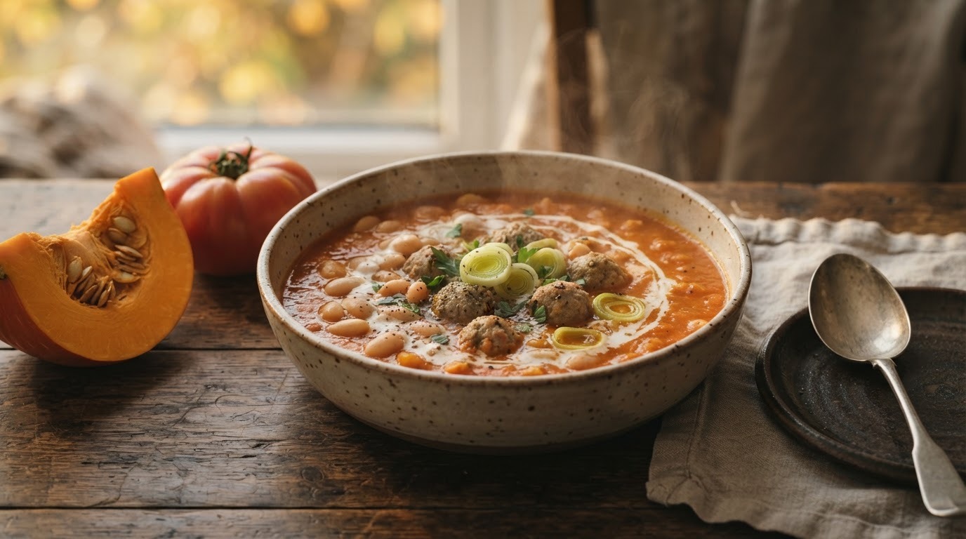 Pompoen-tomatensoep met witte boontjes