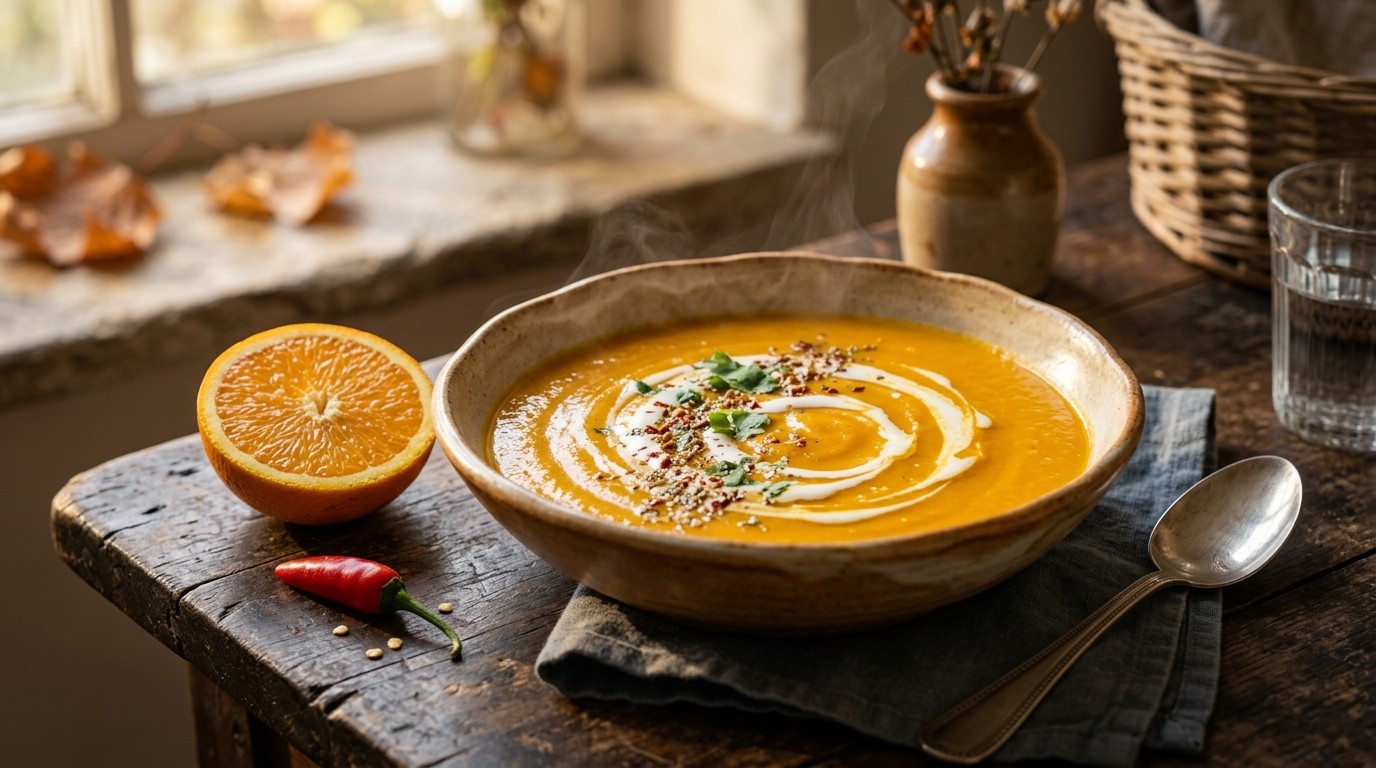 Pompoensoep met kokosmelk en jus d'orange