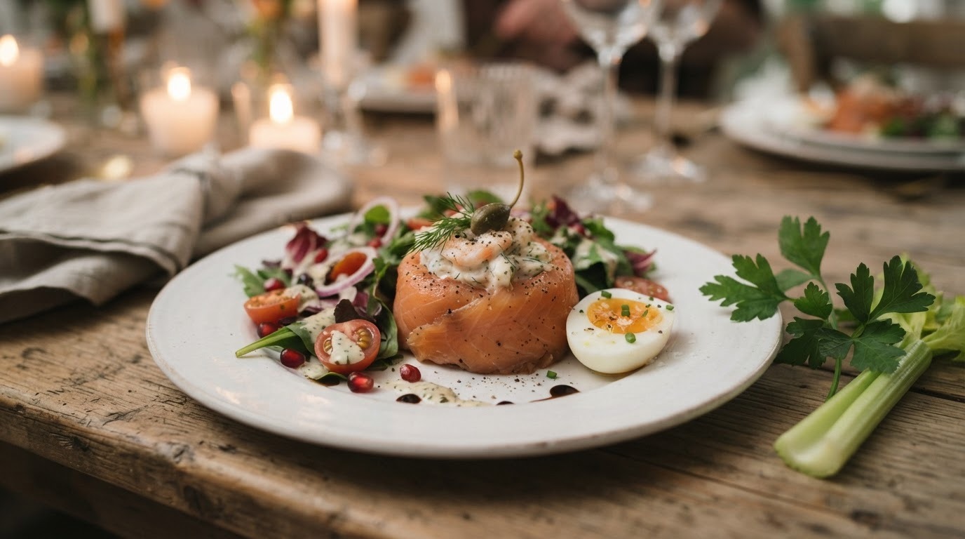 Praline van gerookte zalm met garnaaltjes, herfstsalade en kruidendressing