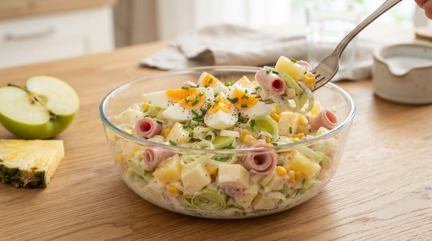Prei-appel-ananassalade met ham en ei