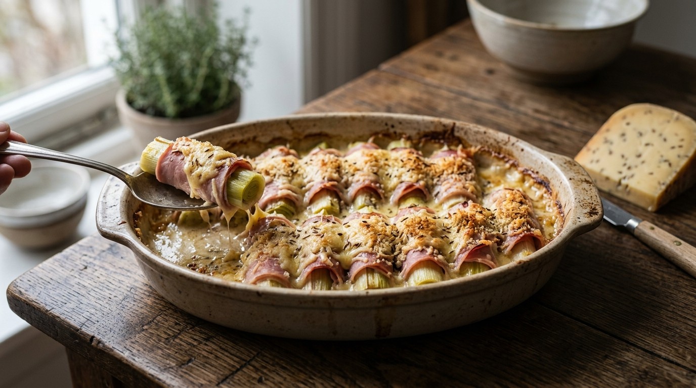 Prei in hamjas met komijnekaas