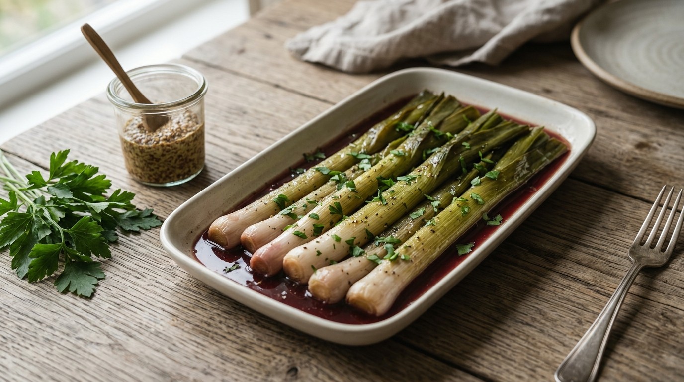 Prei in rode wijn marinade