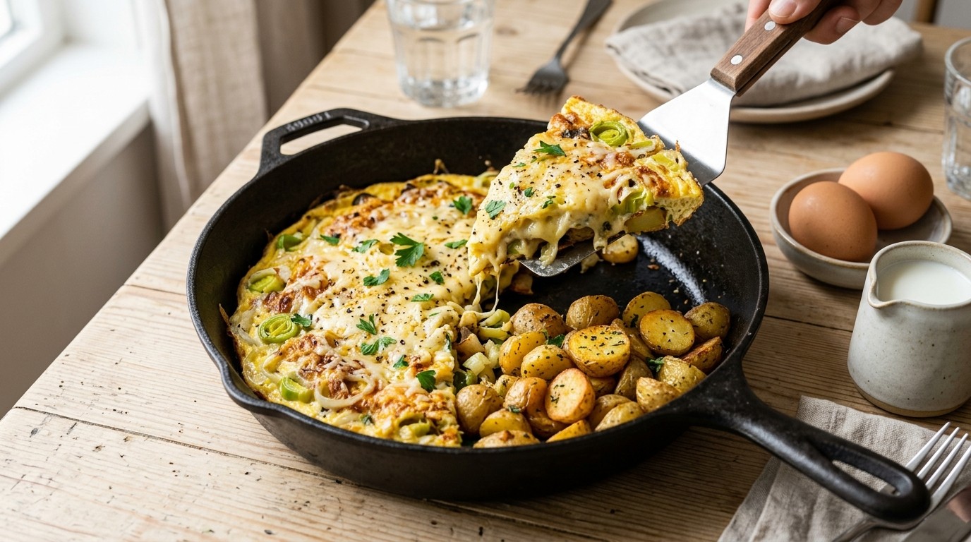 Preiomelet met gebakken krieltjes
