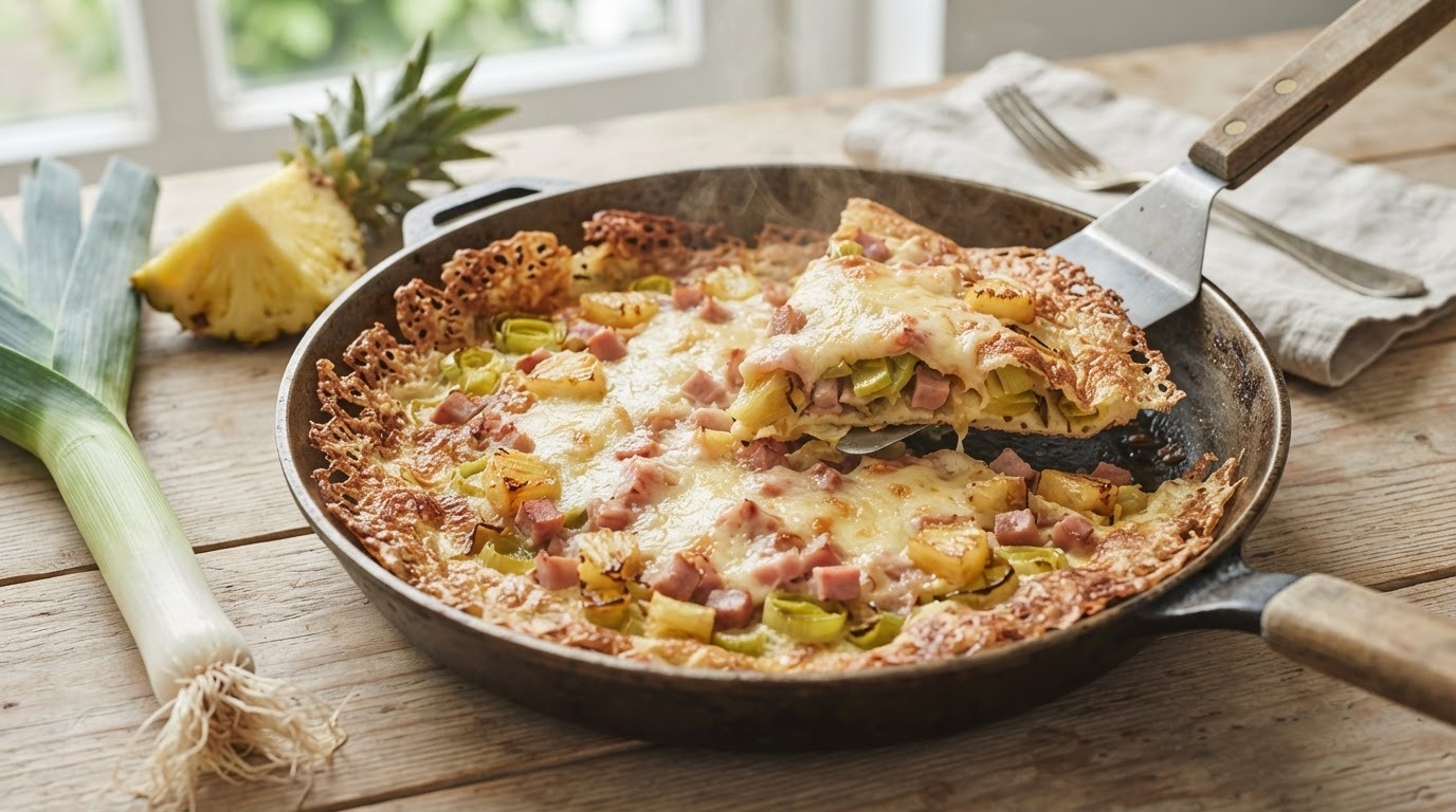 Preipannenkoek met ham, kaas en ananas