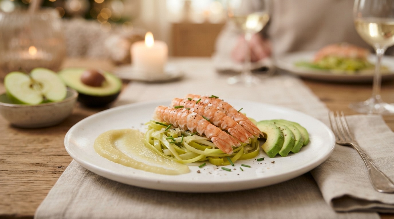 Preisalade met langoustines en appelsaus