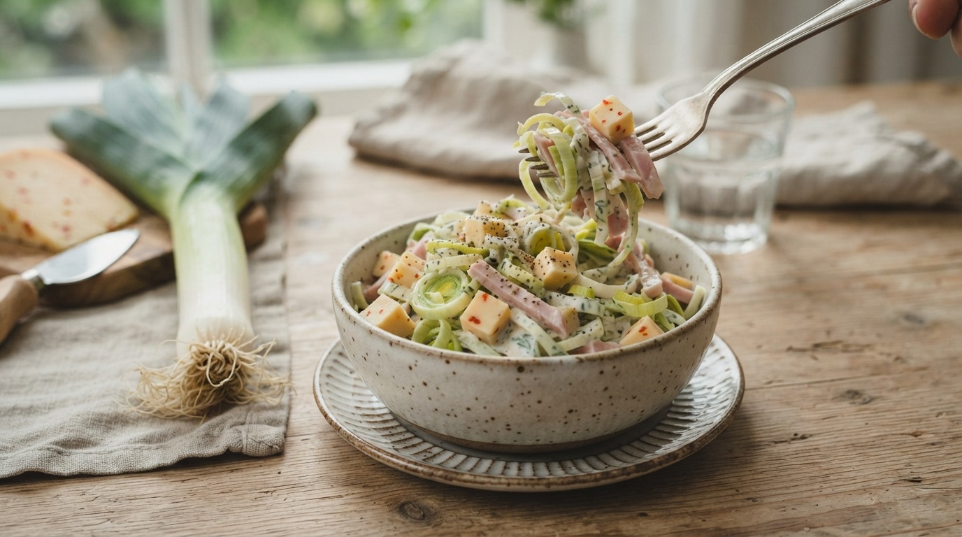 Preisalade met pittige kaas en ham