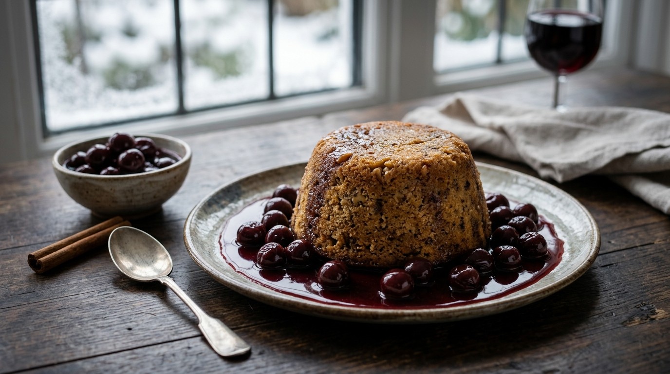 Pudding met Morellen in Rode Wijn Saus