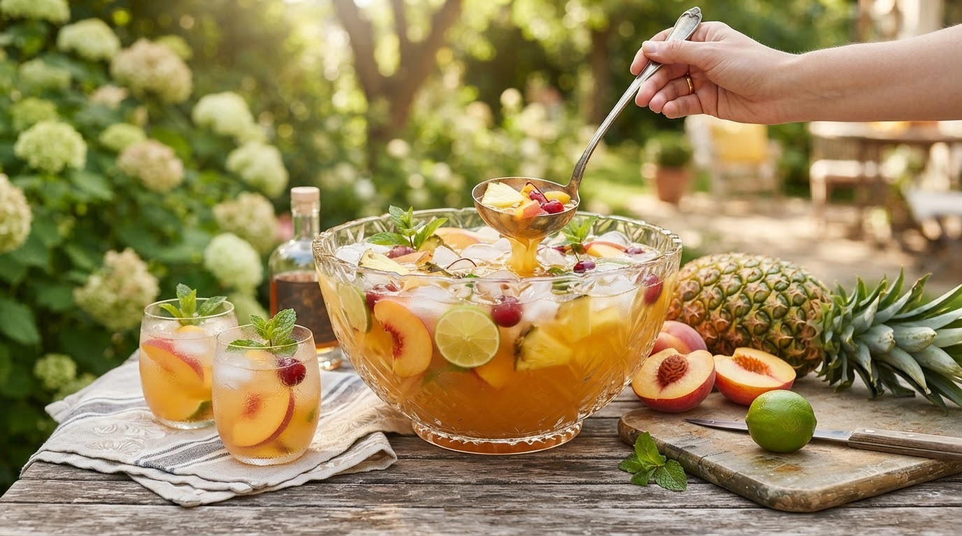 Punch van ananas, perzik en rum