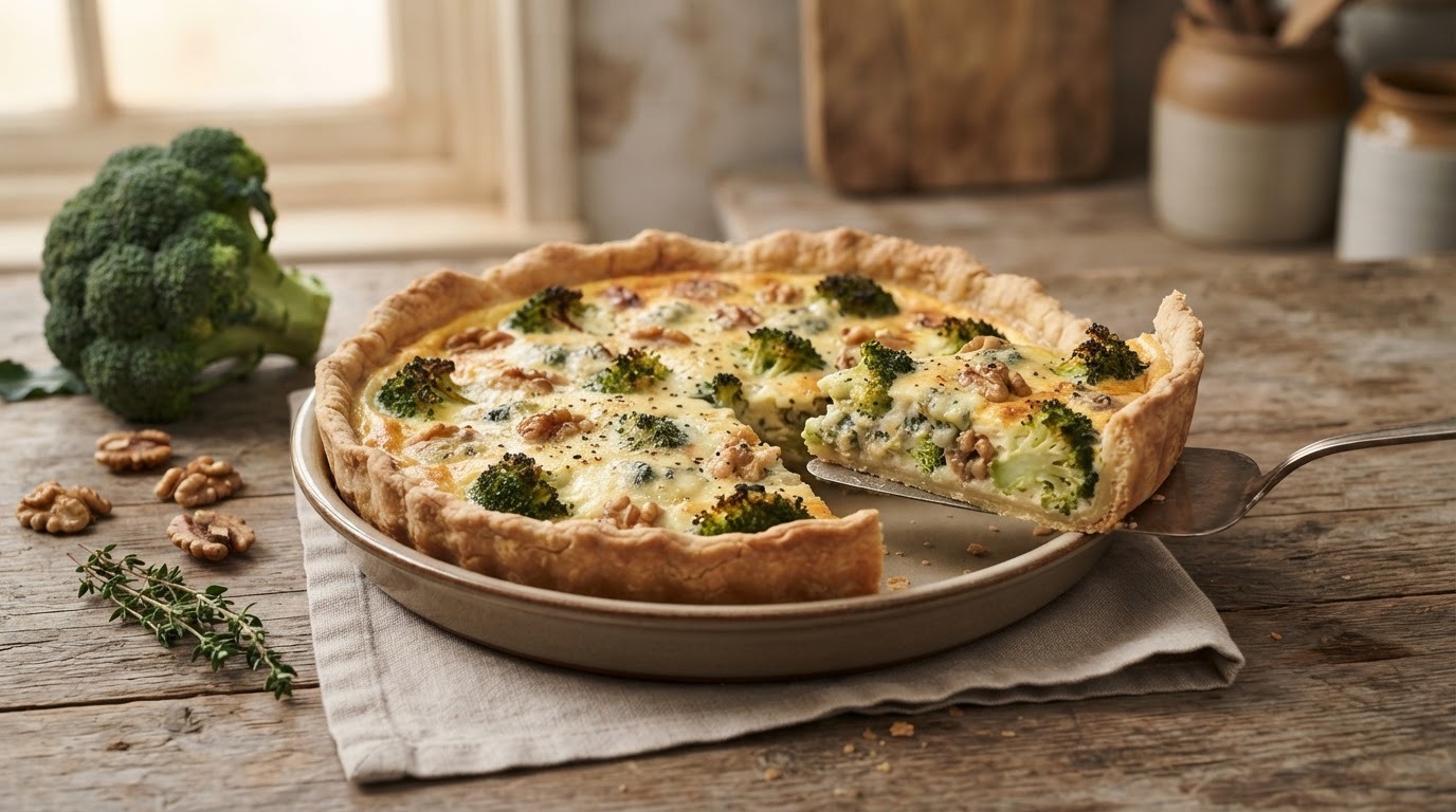 Quiche met blauwe kaas en broccoli
