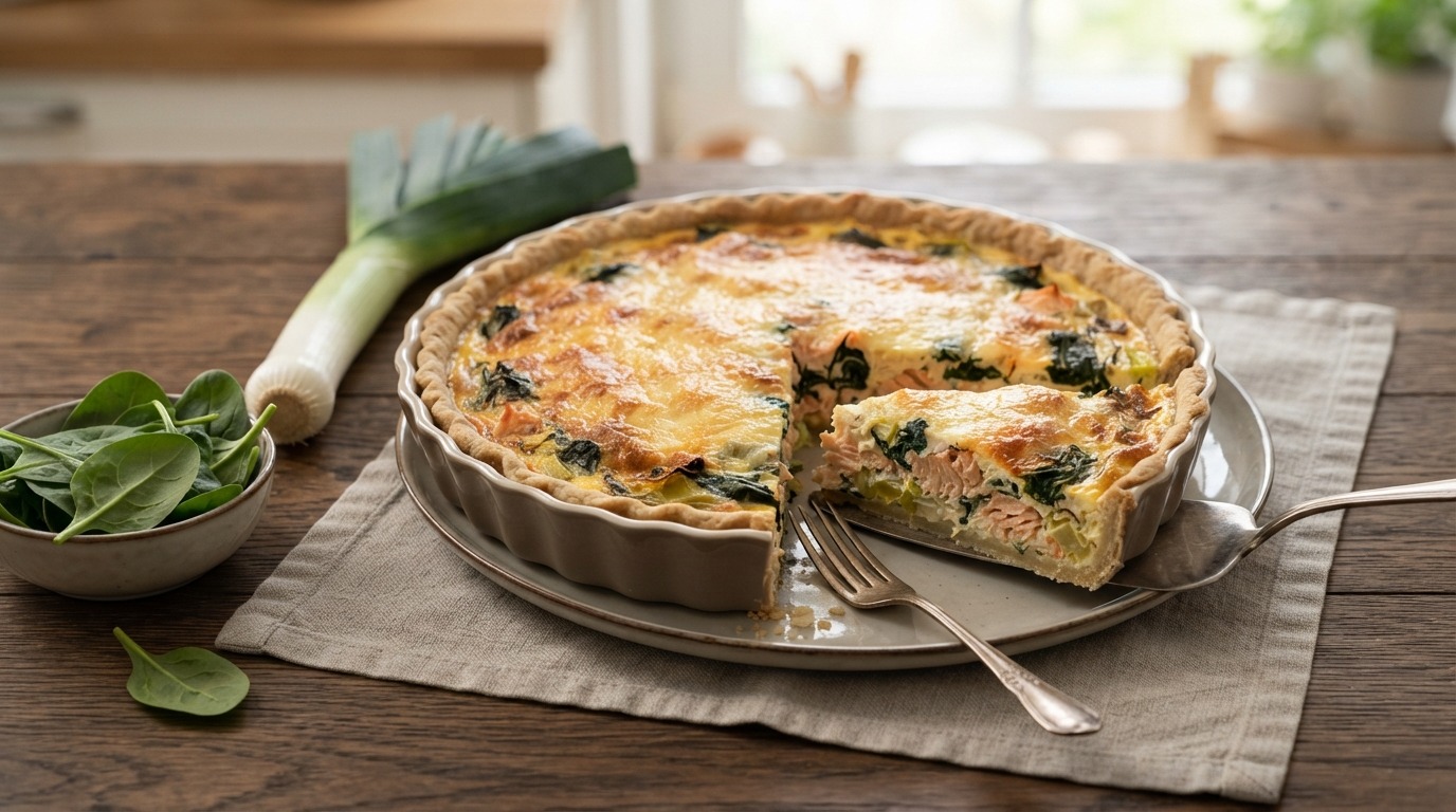 Quiche met zalm, spinazie en prei