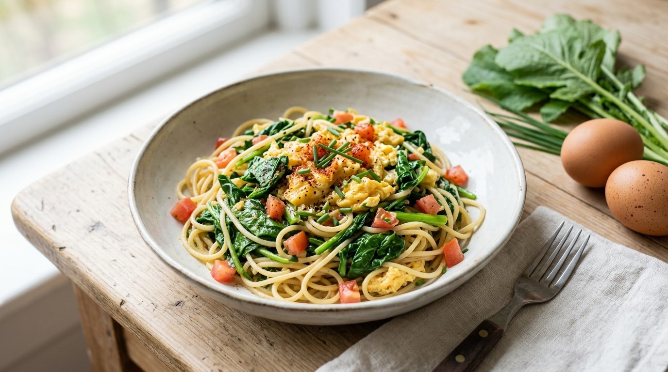 Raapsteeltjes met roereieren en spaghetti