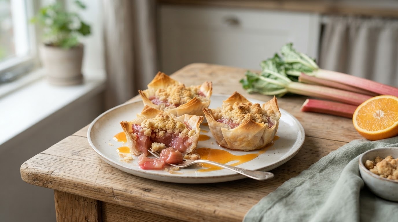 Rabarber-kruimeltaartjes met sinaasappelsaus