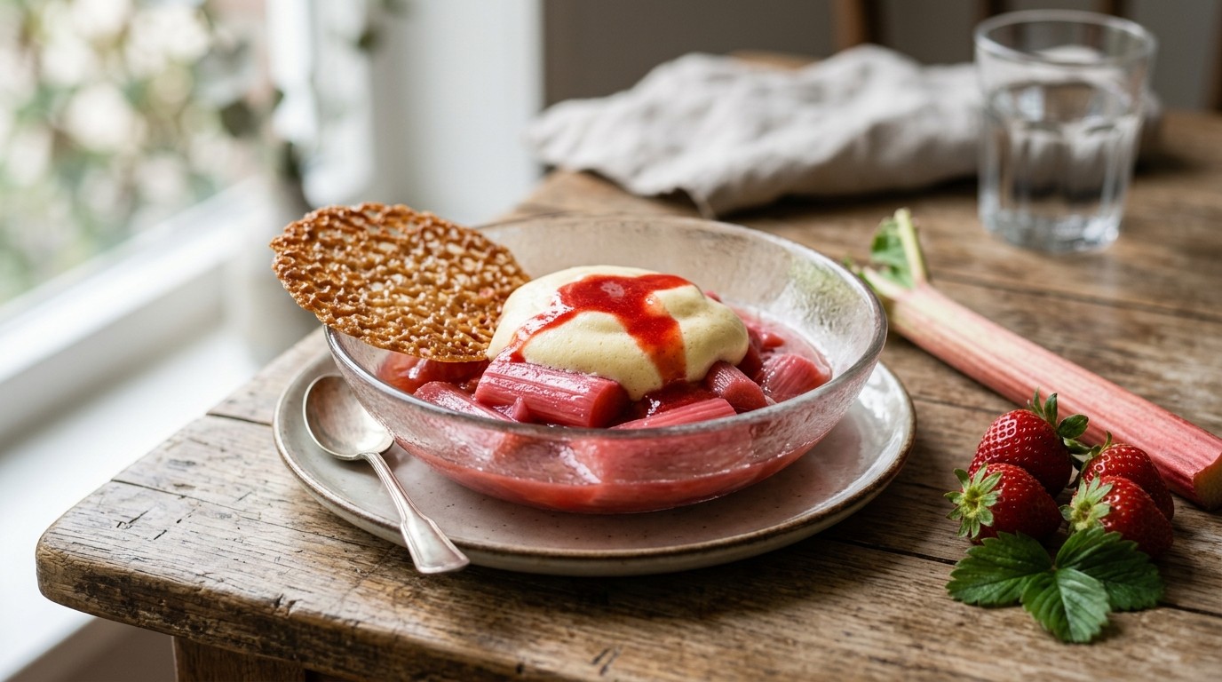 Rabarbercompote met kirschsabayon en aardbeienjus