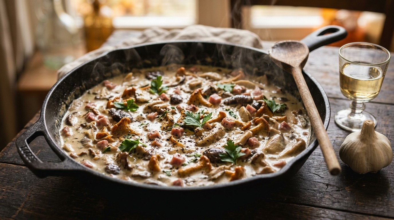 Ragout van paddestoelen en ham