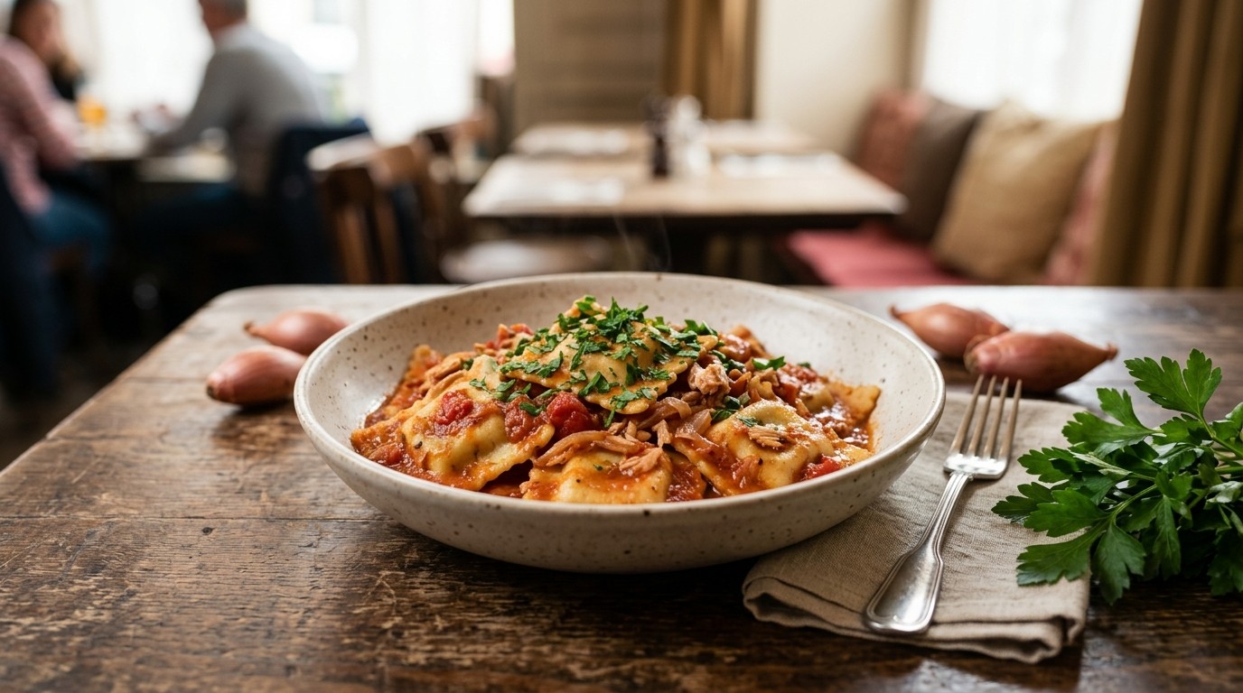 Ravioli met Tomatensaus en Sjalotjes