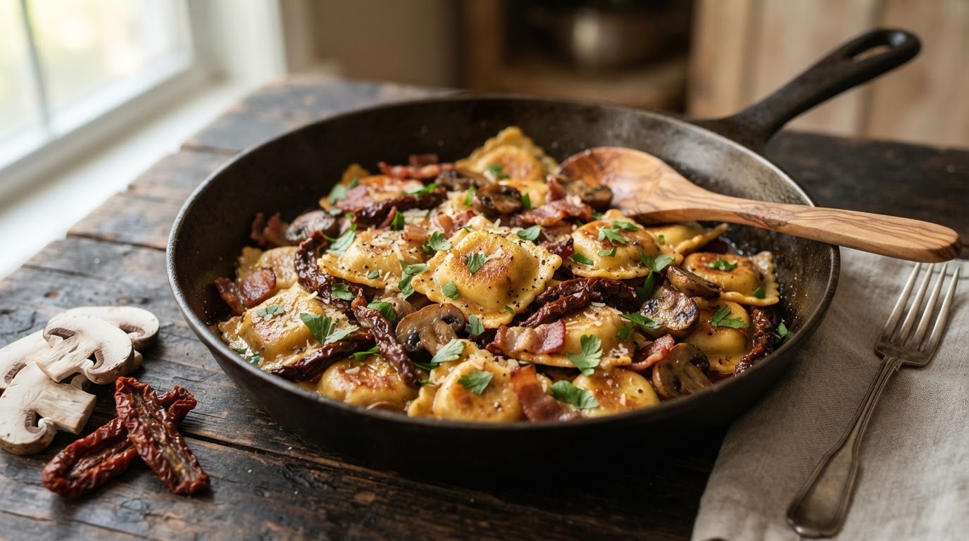 Ravioli met zongedroogde tomaatjes en champignons