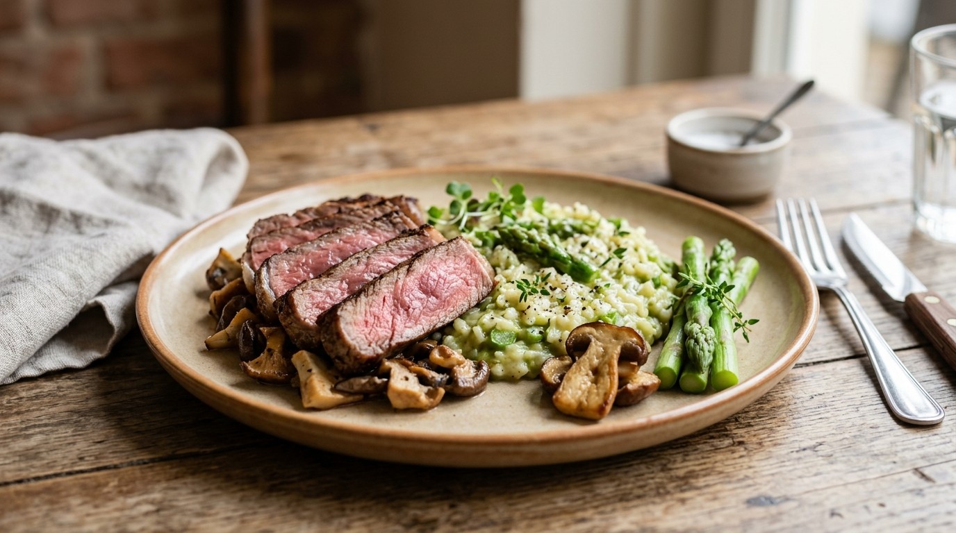 Rib-eye met Funghi Porcini en Aspergerisotto