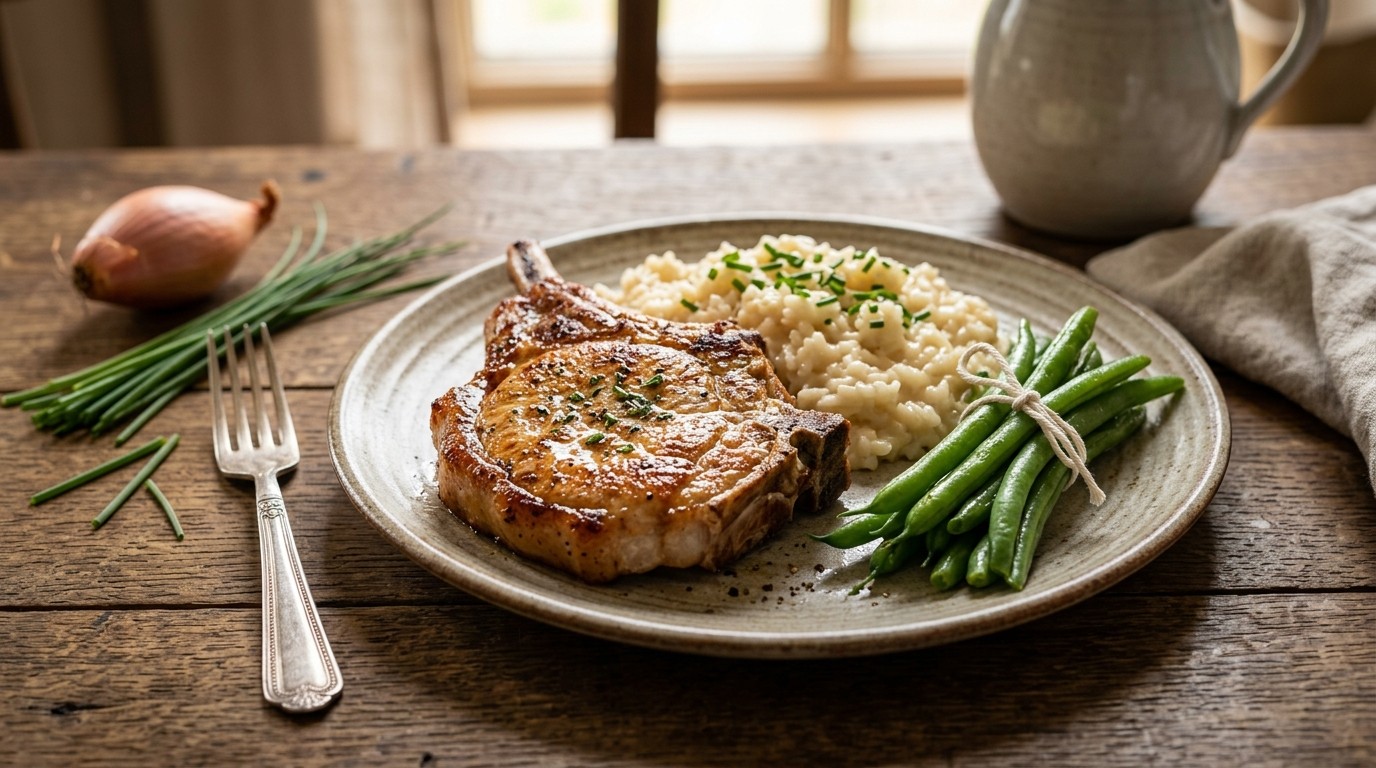 Ribkarbonade met rijst en haricot verts