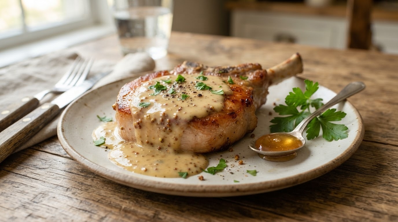 Ribkarbonade met romige honing-mosterdsaus