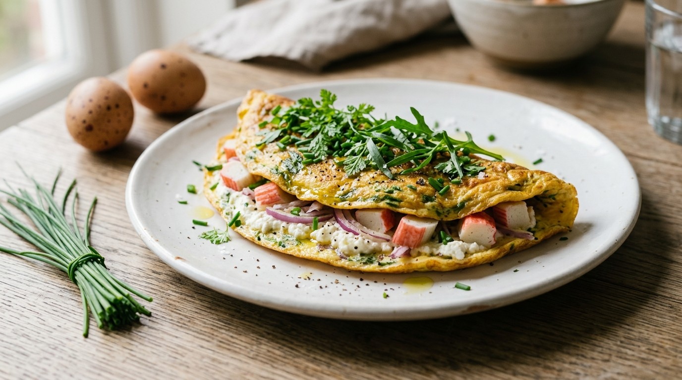 Ricotta-omelet met verse kruiden en surimi