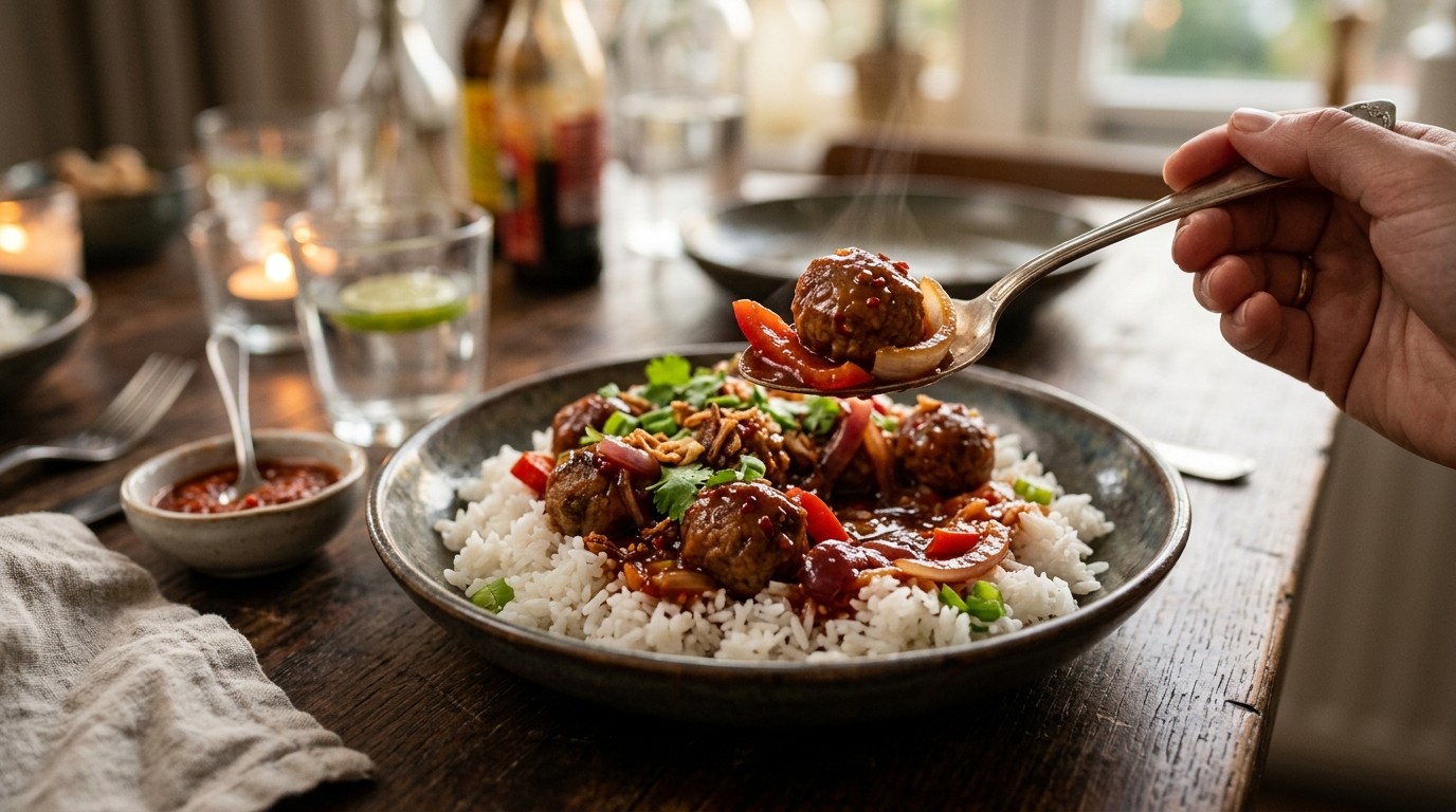 Rijst met Gehaktballetjes in Zoetzure Tomatensaus