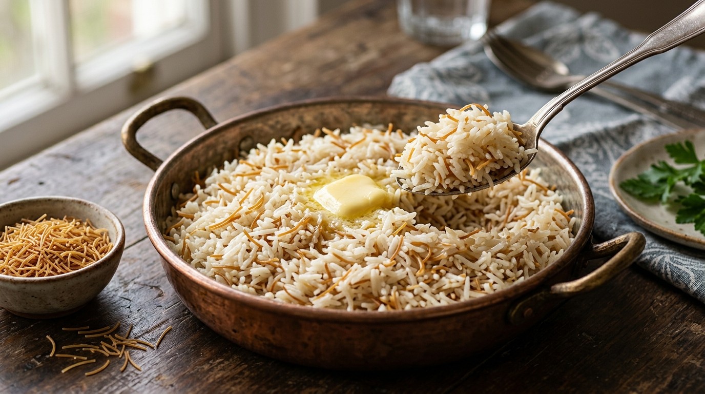 Rijst met roomboter, vermicelli en bouillon