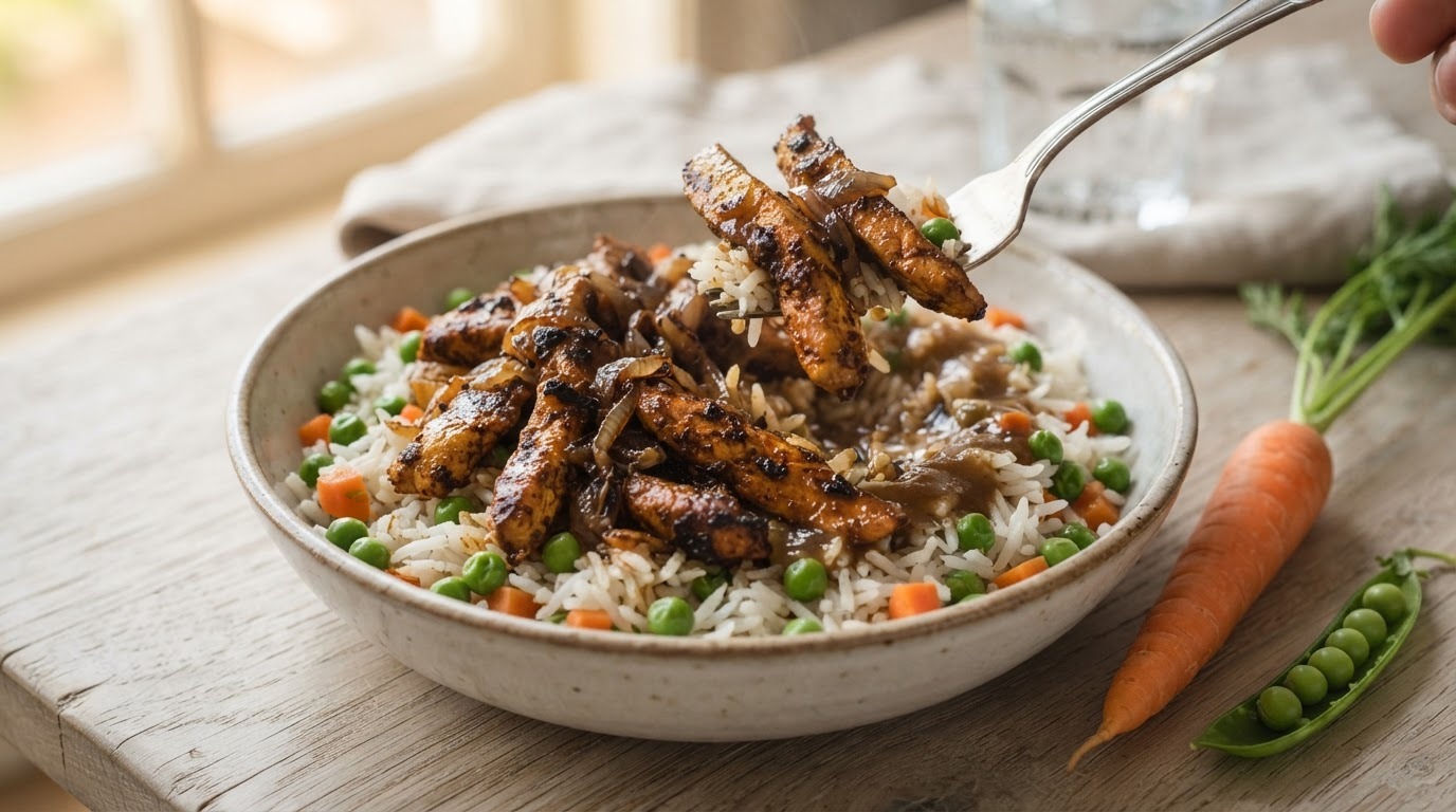 Rijst met shoarma met erwtjes en worteltjes
