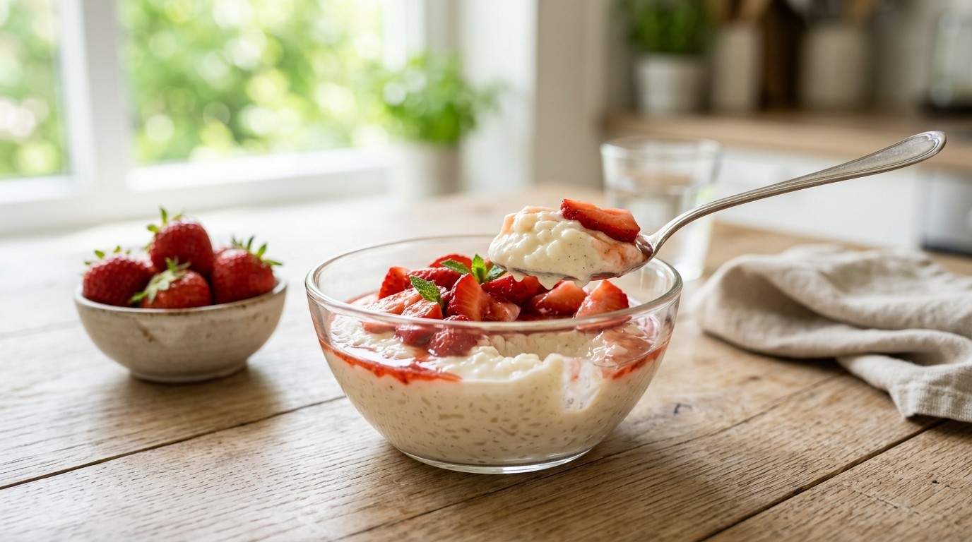 Rijst-mousse met aardbeien