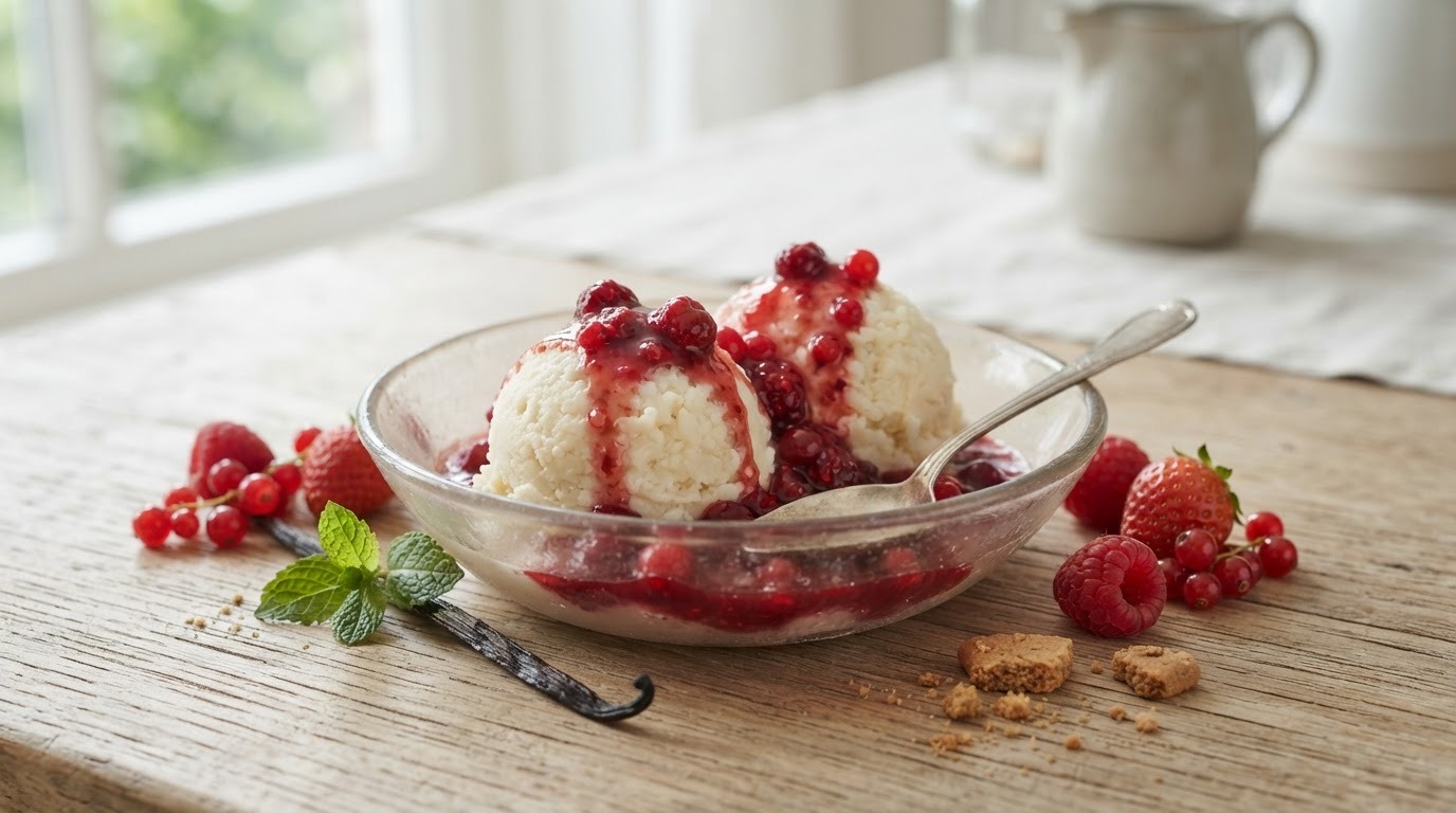 Rijstijs met rood fruit