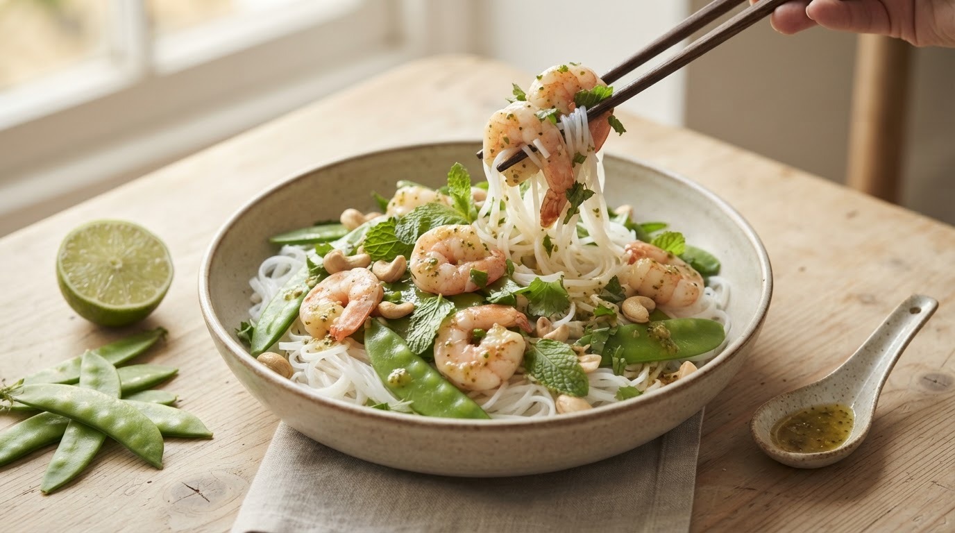 Rijstnoedels met salade van tijgergarnalen
