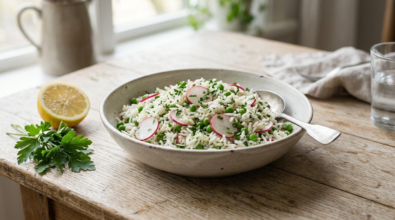 Rijstsalade met doperwten en radijs