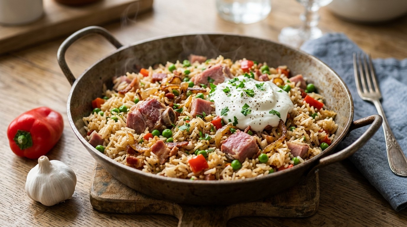 Rijstschotel met ham en yoghurt