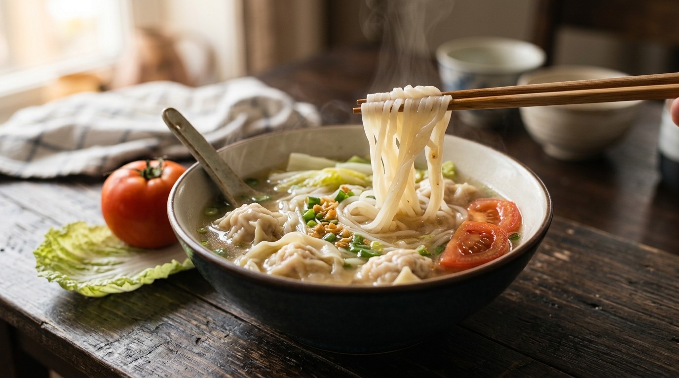 Rijststicks Soep met Wonton
