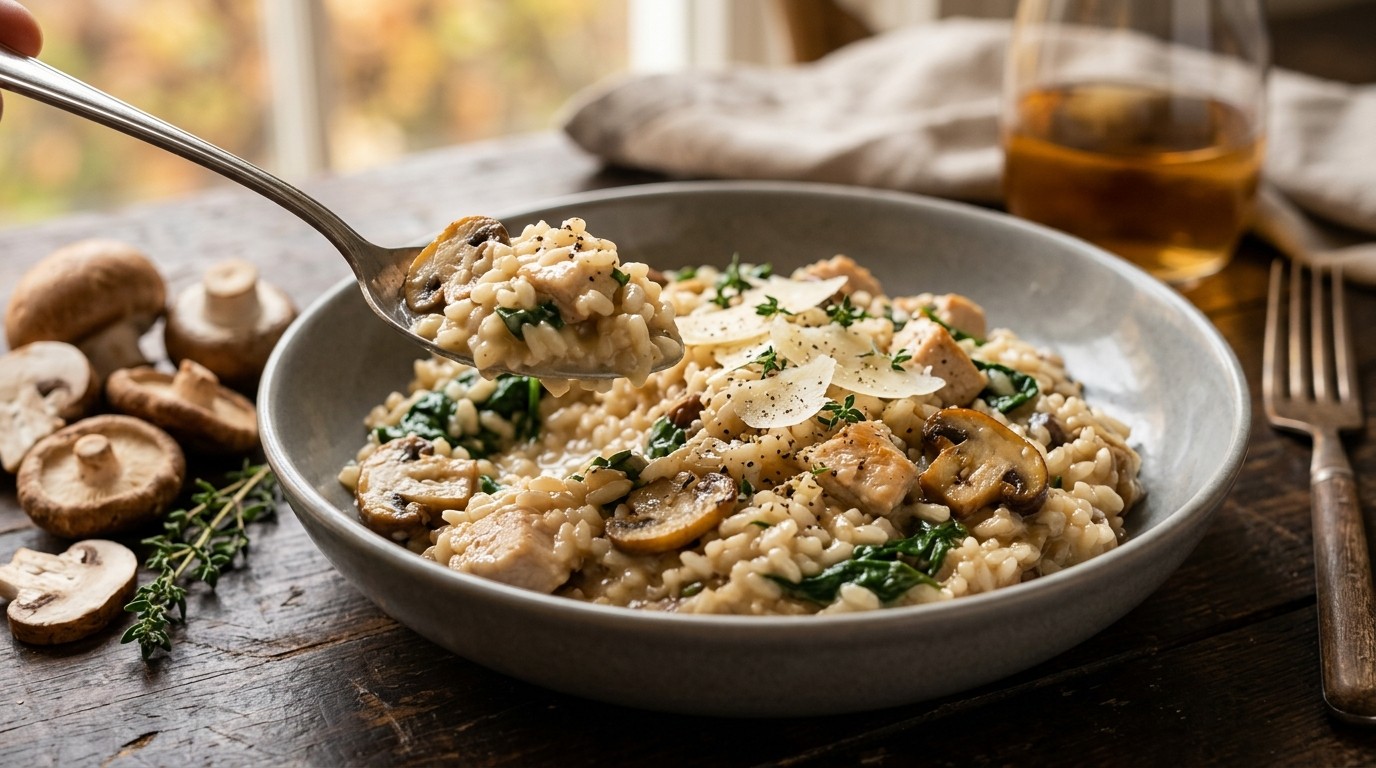 Risotto met kip, champignons en spinazie