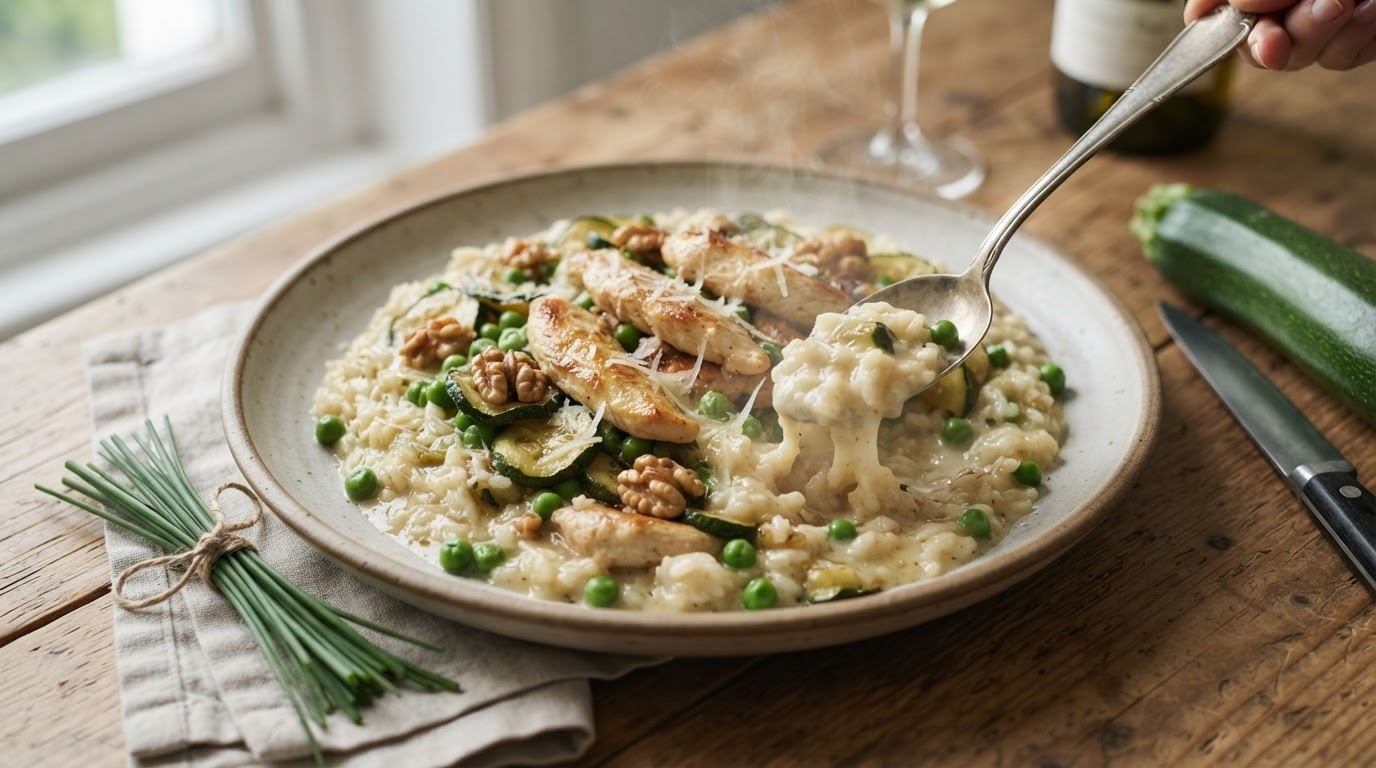 Risotto met kipreepjes en walnoten