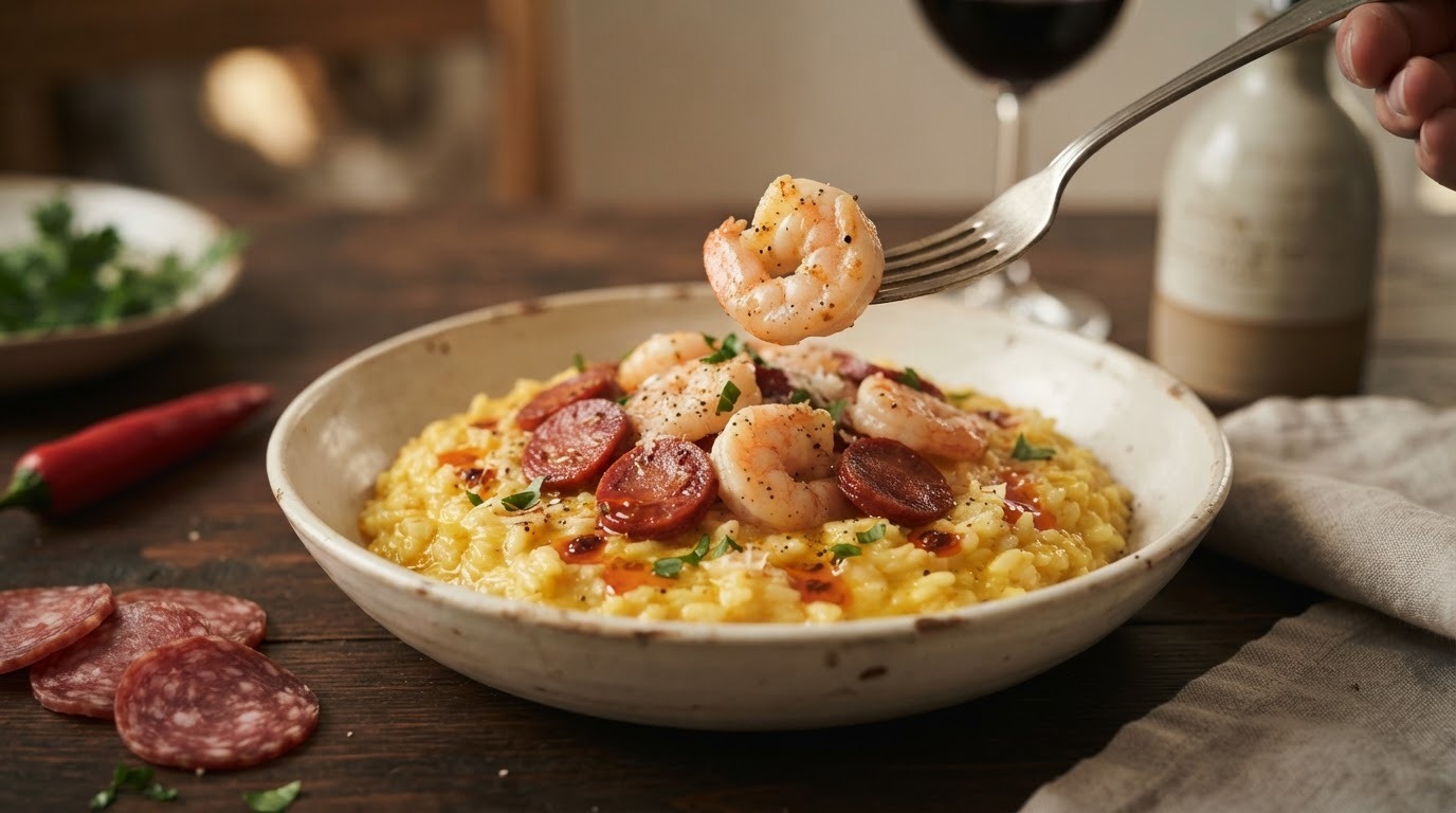 Risotto met salami en garnalen