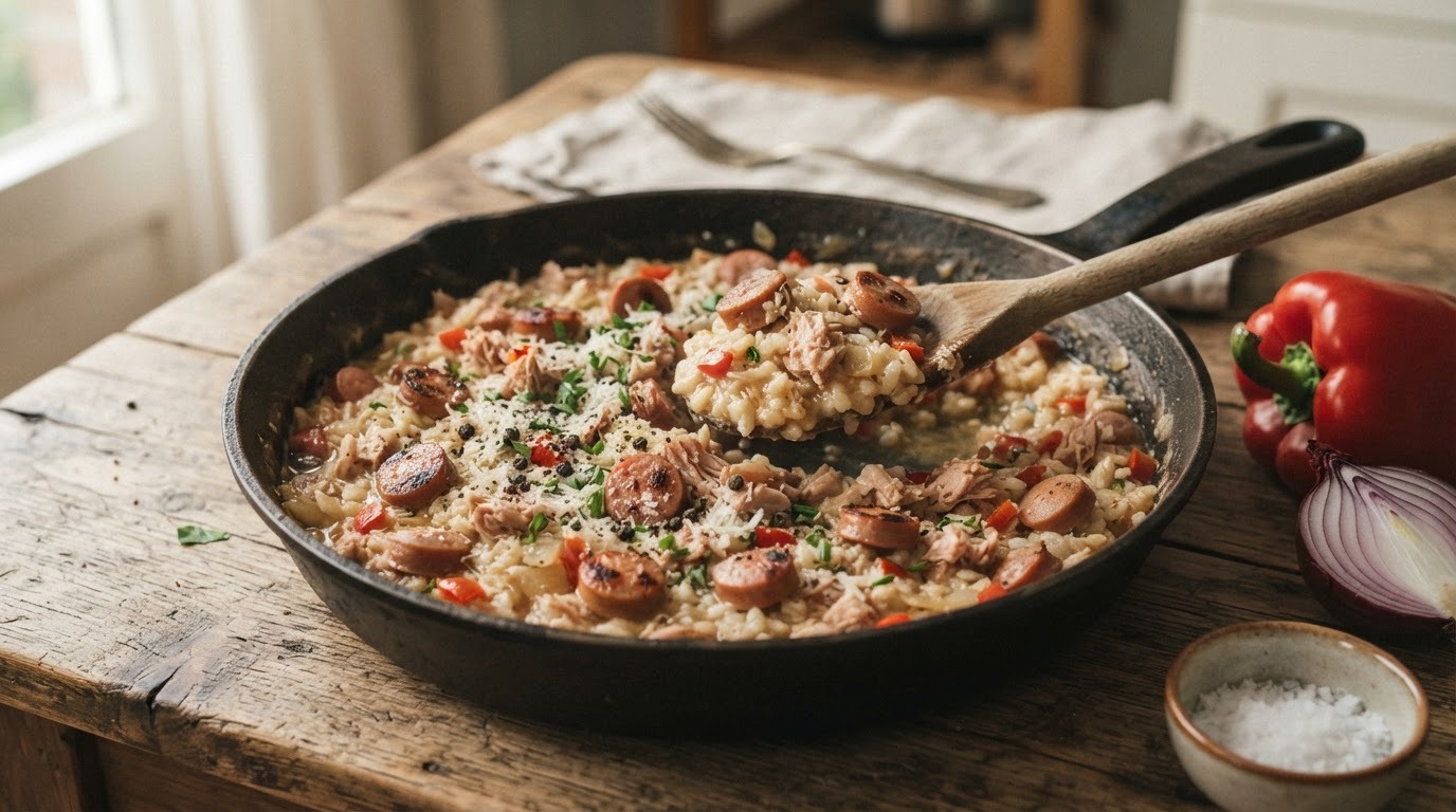 Risotto met tonijn en knakworst