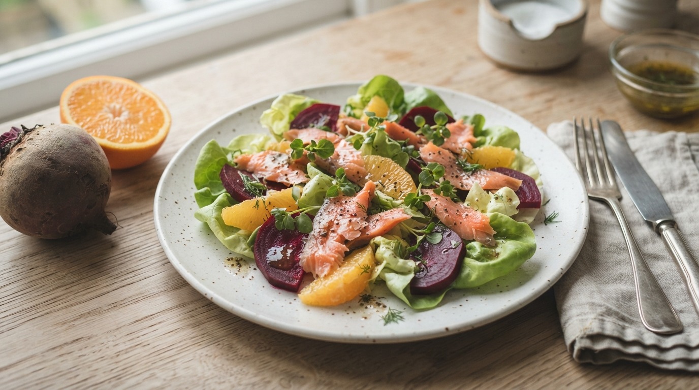 Rode bietensalade met gerookte forelfilets