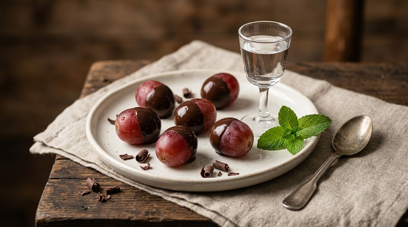 Rode druiven met pure chocolade en Grappa