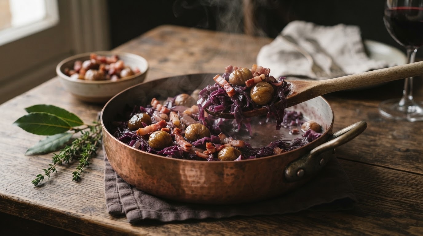 Rode kool met kastanjes en kalfsbouillon