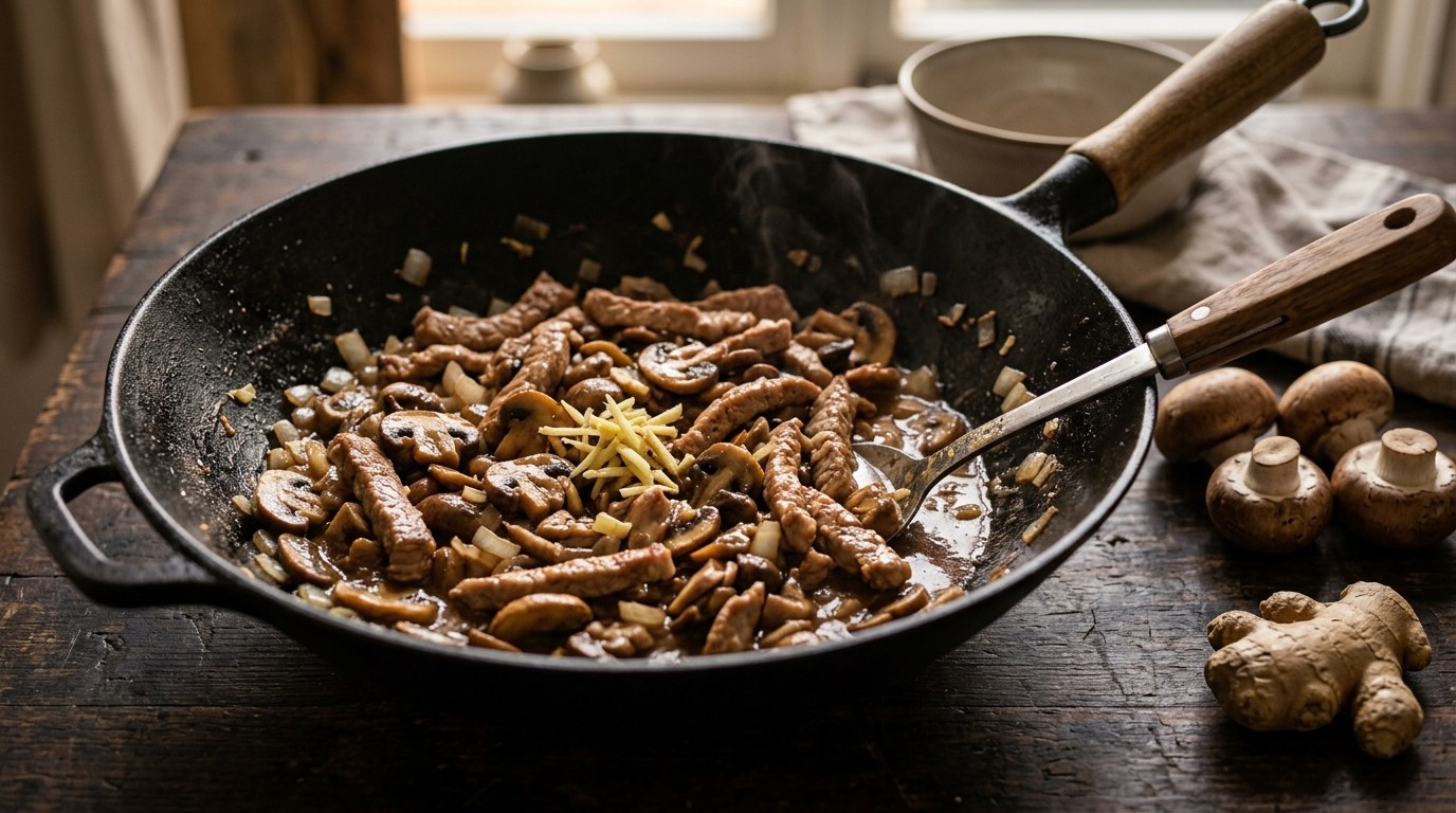 Roerbak Champignons met Varkensreepjes (550 Kcal)