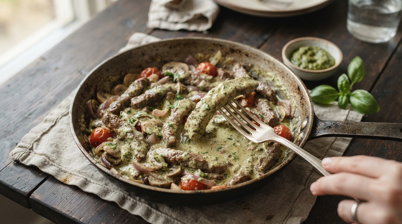 Roerbak-runderreepjes met pesto-cremesaus