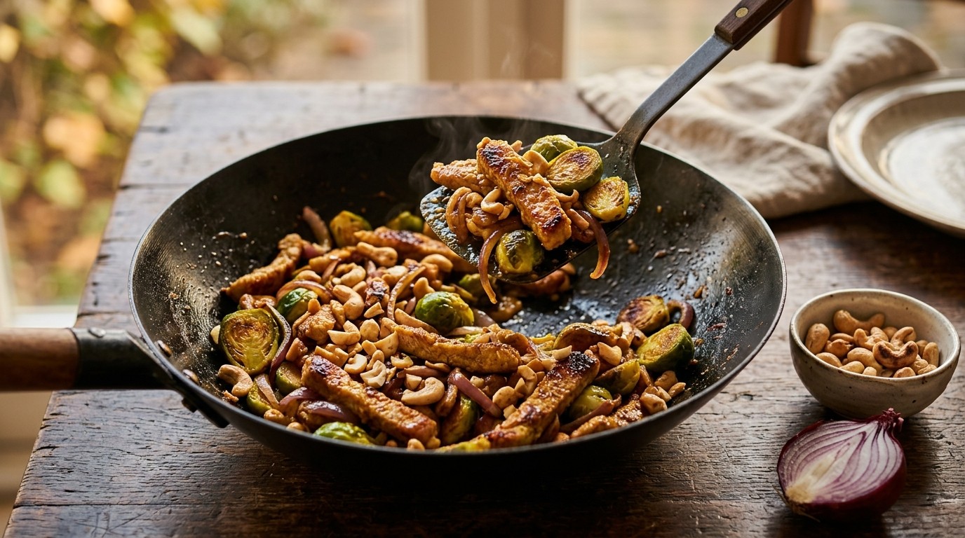 Roerbak van schnitzelreepjes met spruitjes