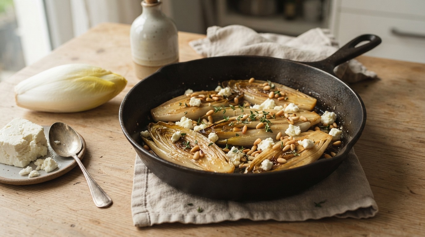 Roerbak witlof met honing, feta en pijnboompitten