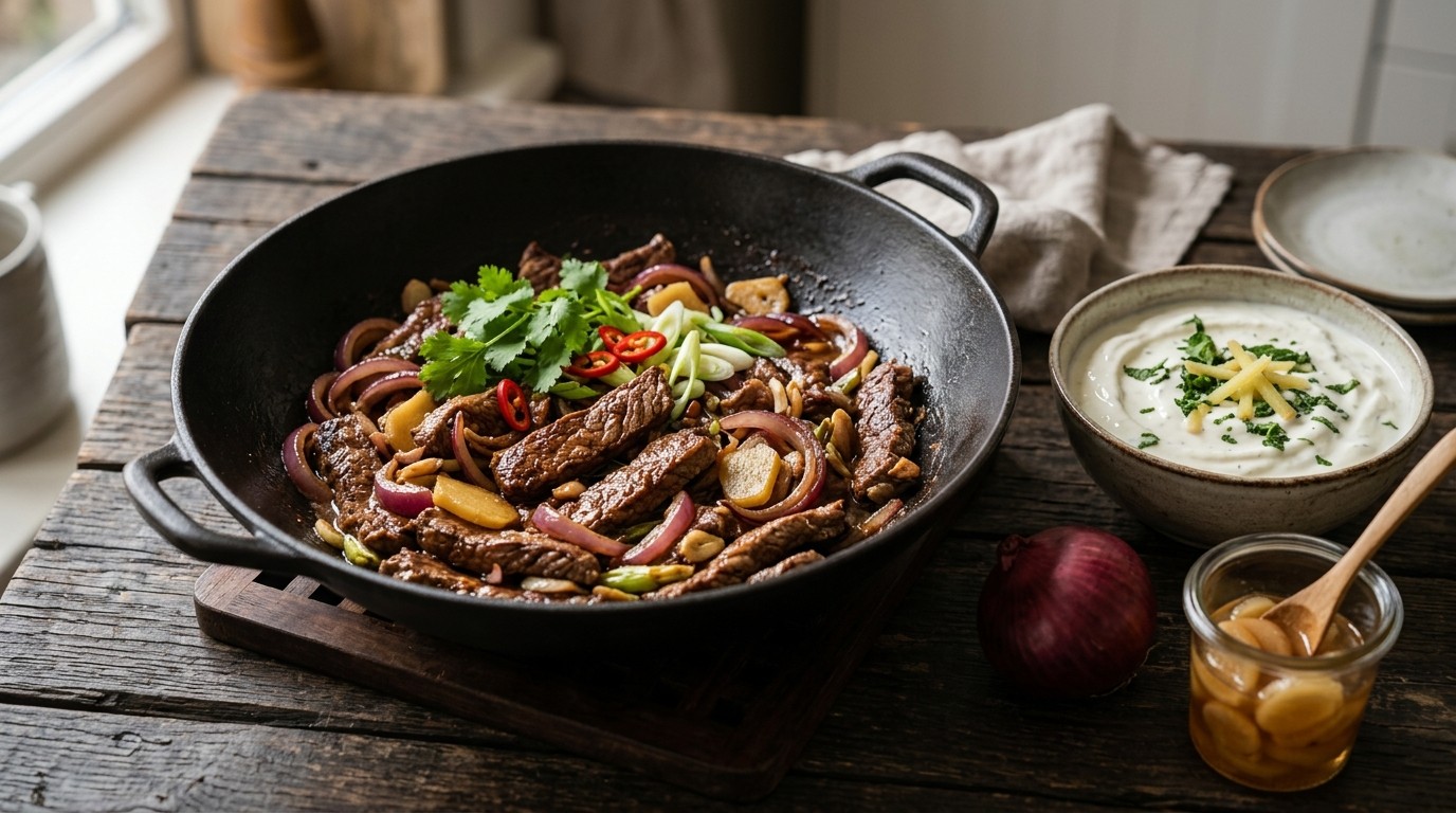 Roerbakken Biefstuk met Gember-yoghurt