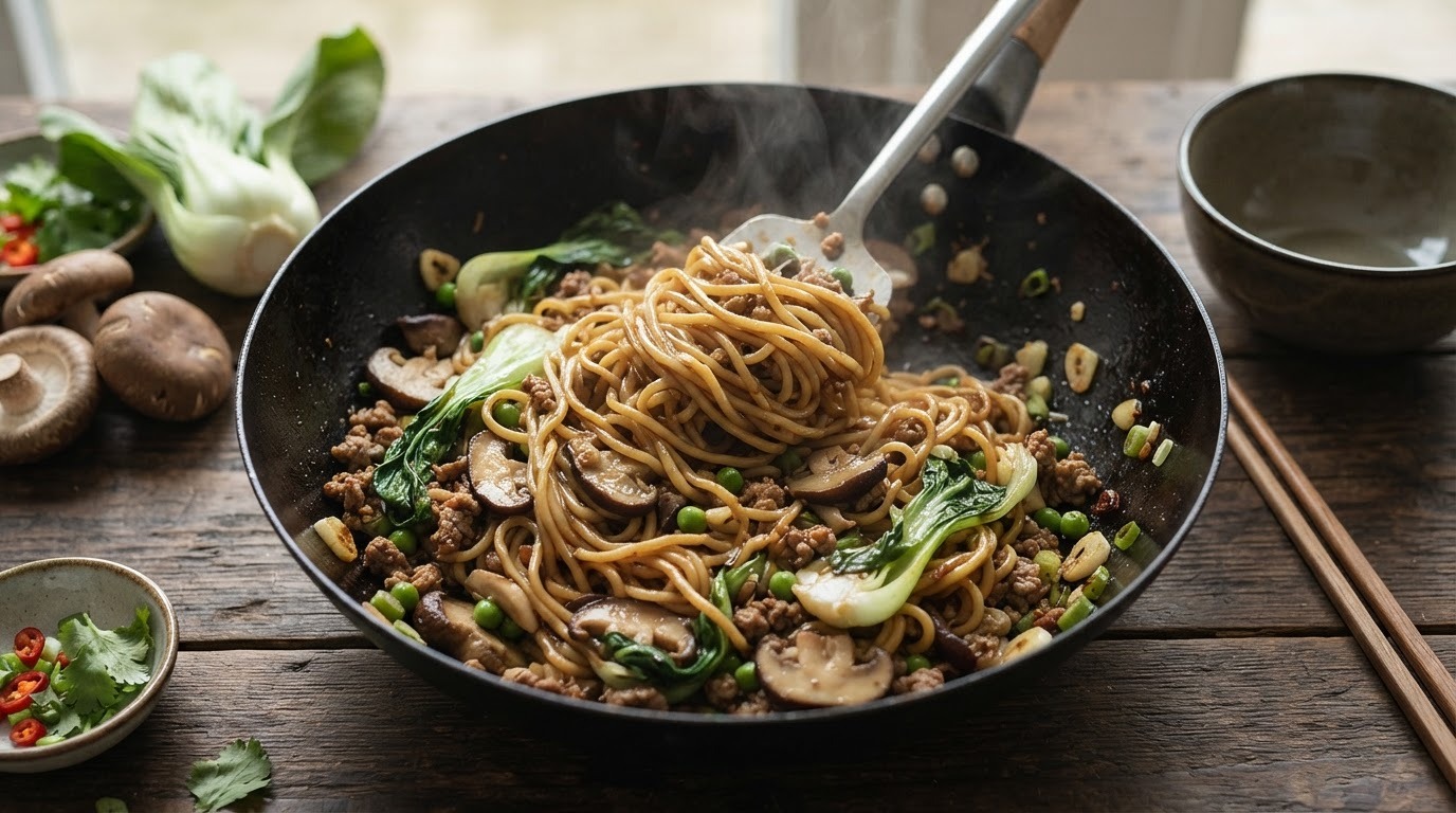 Roerbakmie met paddestoelen