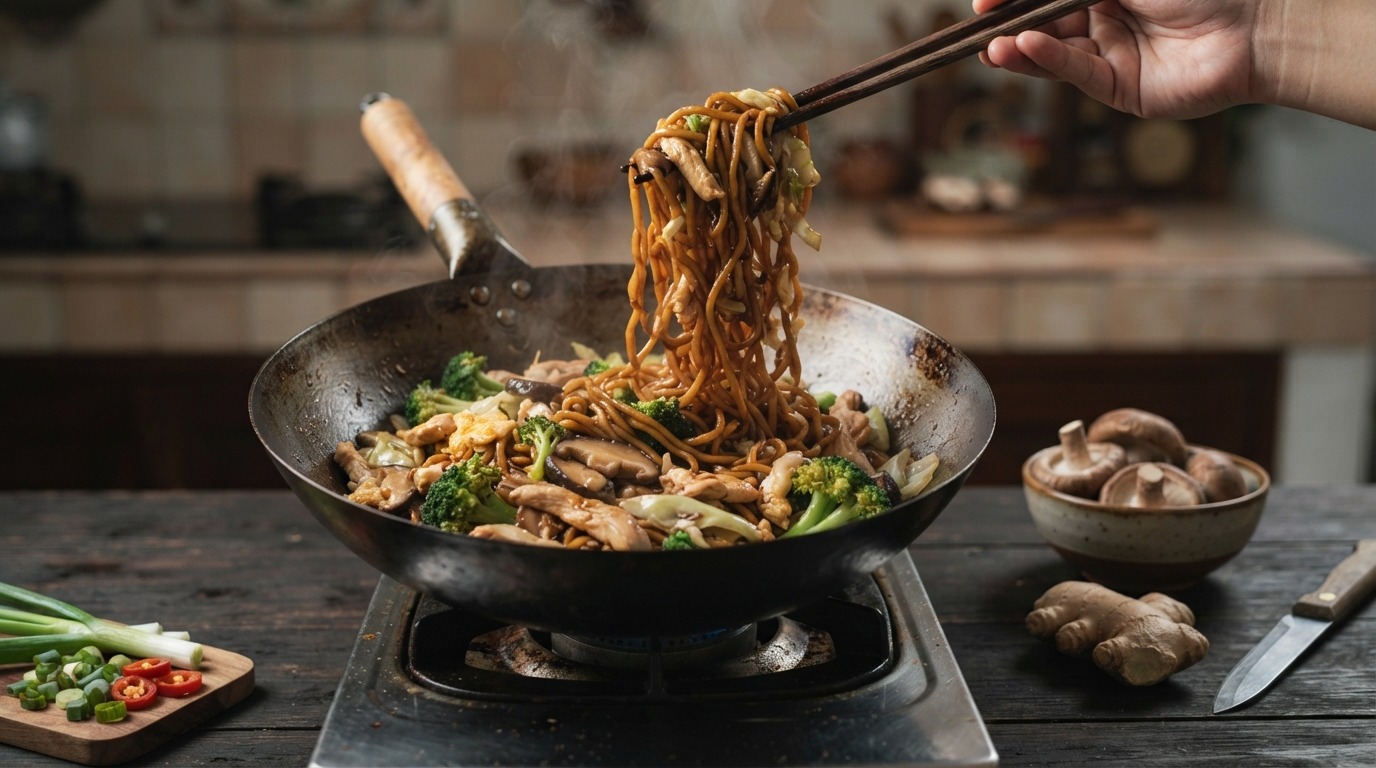 Roerbakmie met shii-take en broccoli